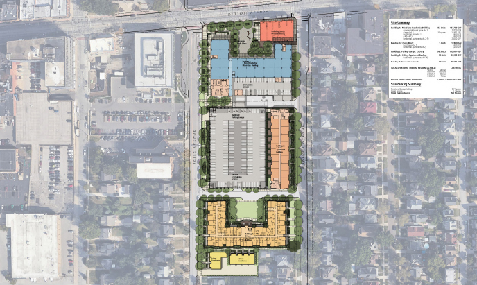 An overhead building site plan of the Lakewood downtown development.