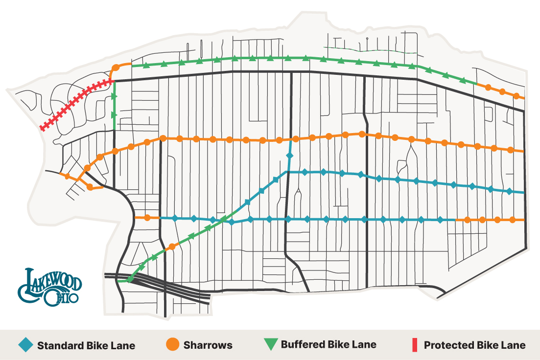 Map of the different types of bike lanes and routes in Lakewood, Ohio.