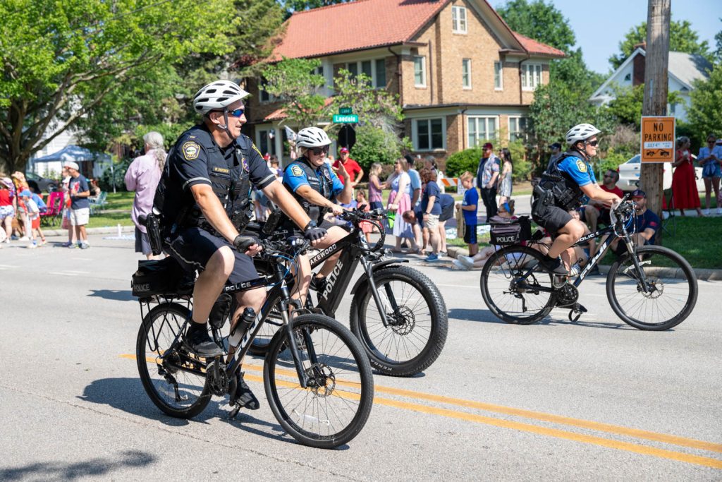 Lakewood Police officers riding bikes in the 2025 Fourth of July Parade.