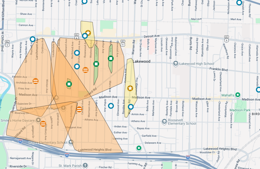 FirstEnergy's power outage map from July 2, 2026. Large orange areas indicate power outages in the southwest corner of Lakewood.