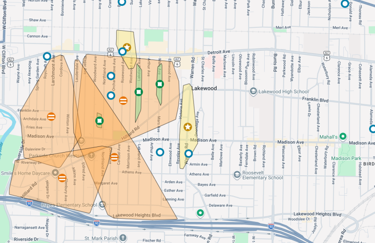 FirstEnergy's power outage map from July 2, 2026. Large orange areas indicate power outages in the southwest corner of Lakewood.
