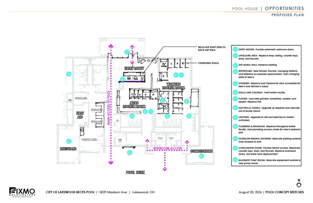 Architectural drawing of the proposed Becks Poolhouse. If you would like assistance or more details, please contact the Planning Department at (216) 529-6630.