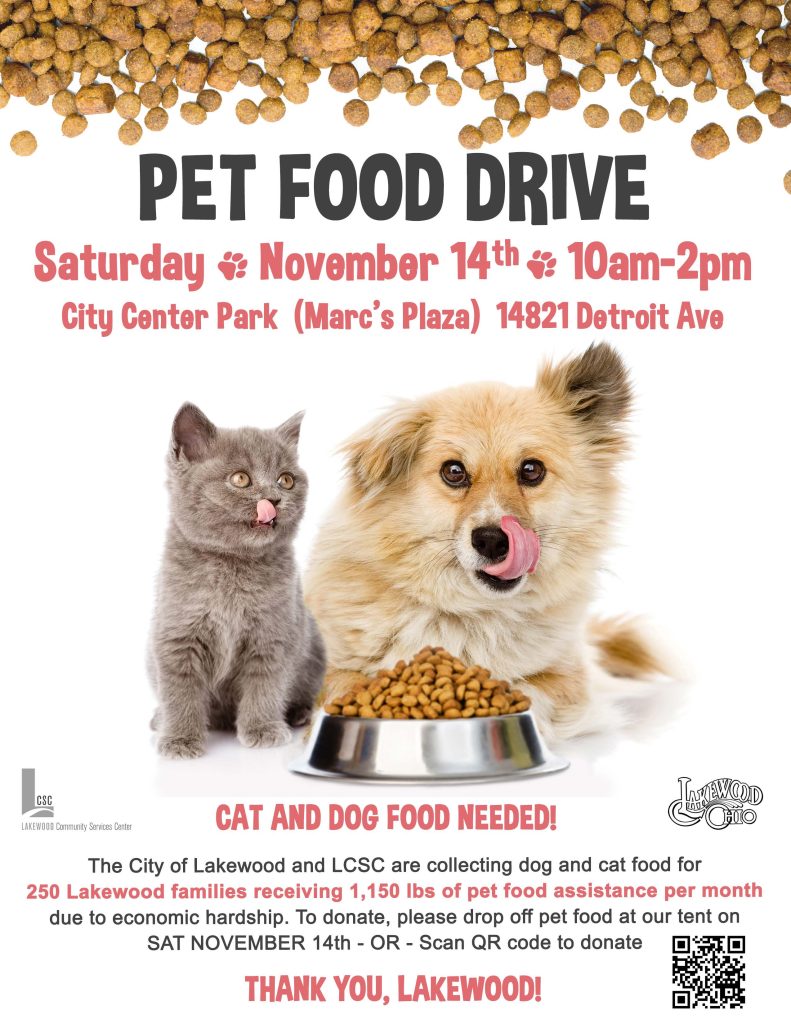 Pet Food Drive, Saturday, November 14th from 10:00 AM to 2:00 PM at City Center Park, 14821 Detroit Ave
