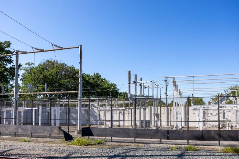 An electrical substation in Lakewood, Ohio situated behind a fence.