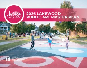 Public Art Master Plan Cover Graphic. Includes a filtered photo of asphalt art at Wagar Park.